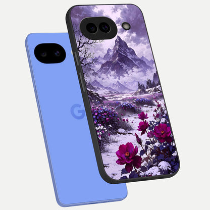 Flower Mountain View phone case for Google Pixel 10A showing premium glass back cover with detailed artwork