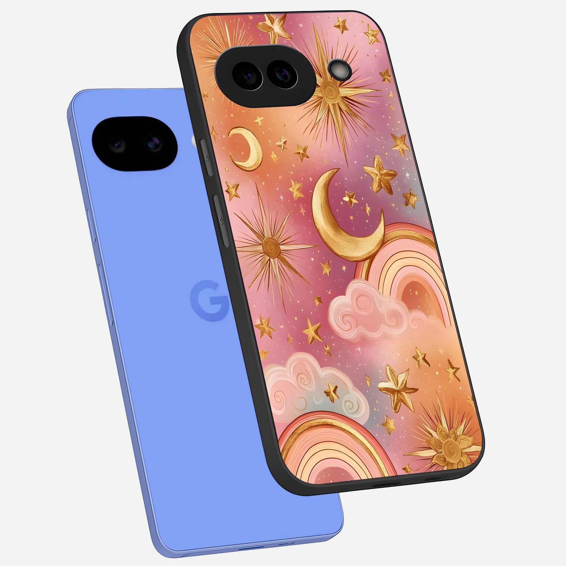  Golden Celestial Dreams phone case for Google Pixel 10A showing premium glass back cover with detailed artwork