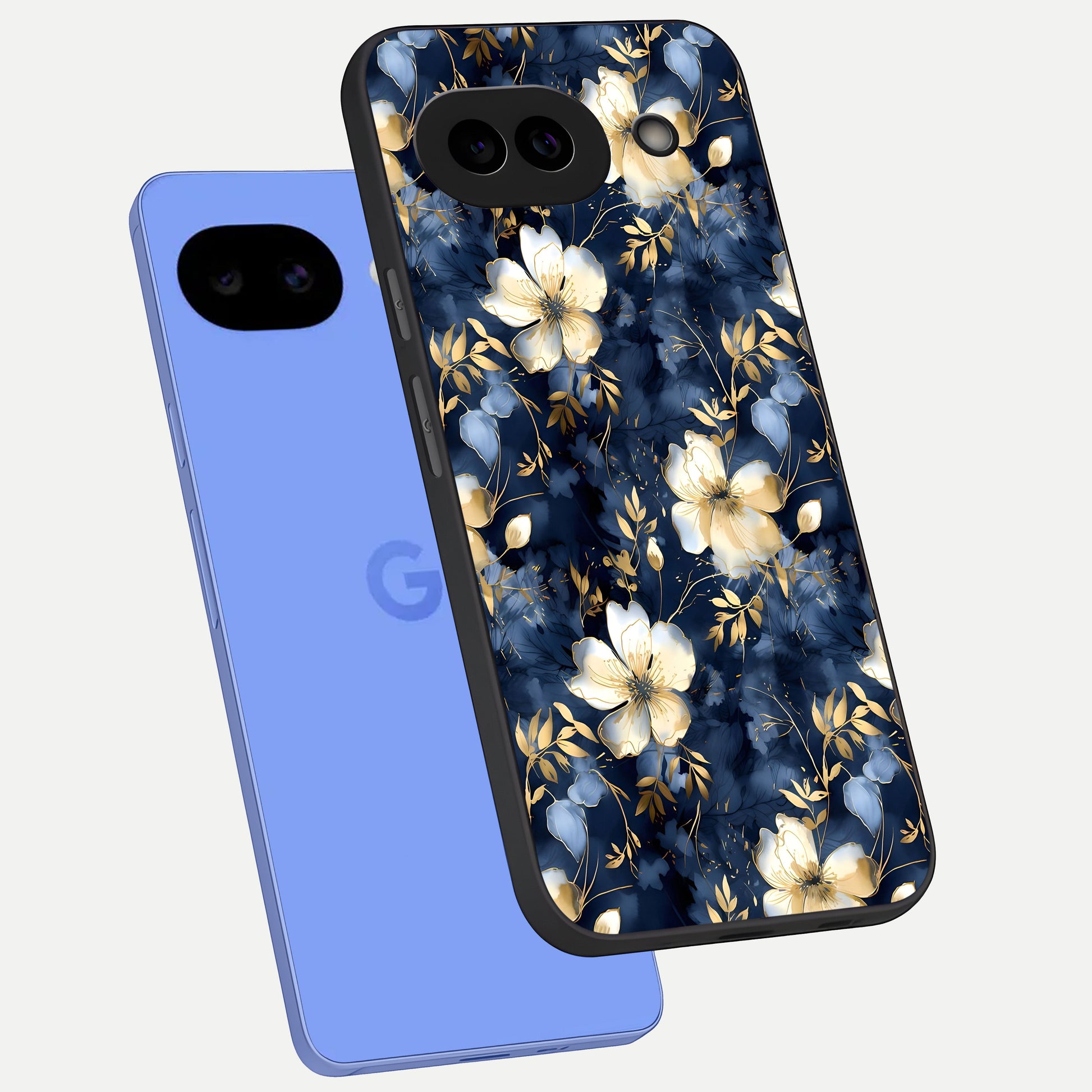  Golden Midnight Bloom phone case for Google Pixel 10A showing premium glass back cover with detailed artwork