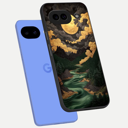  Golden River Moon phone case for Google Pixel 10A showing premium glass back cover with detailed artwork
