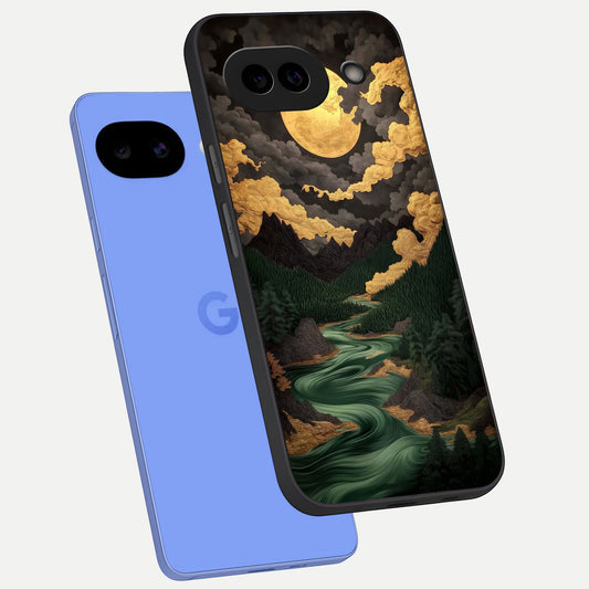  Golden River Moon phone case for Google Pixel 10A showing premium glass back cover with detailed artwork