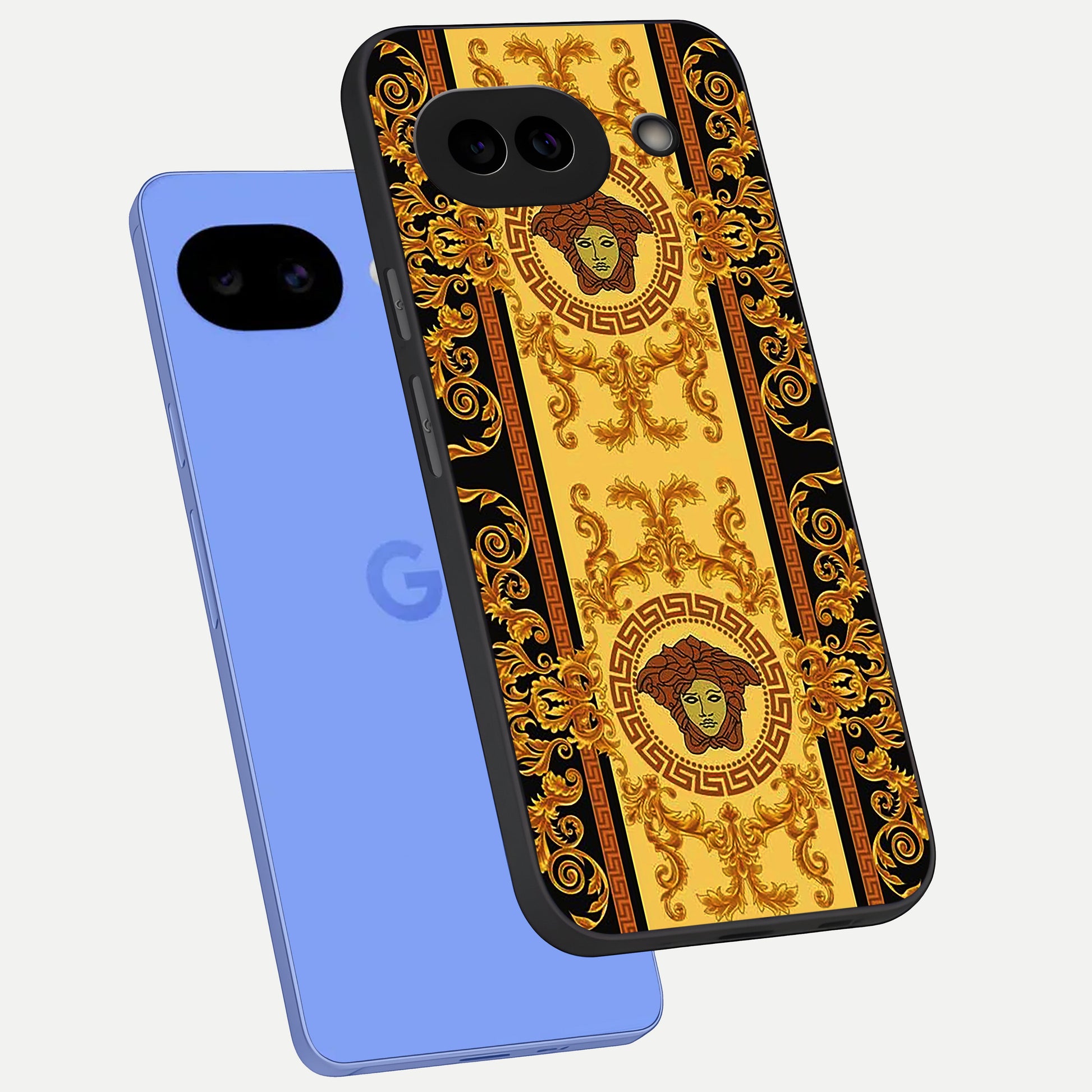  Golden Royal Heritage phone case for Google Pixel 10A showing premium glass back cover with detailed artwork