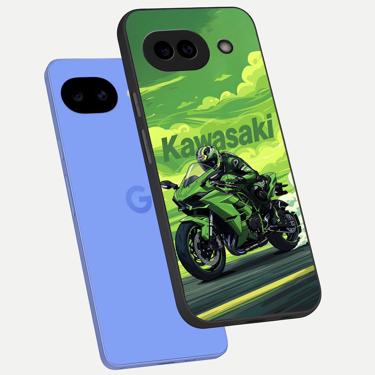  Green Kawasaki phone case for Google Pixel 10A showing premium glass back cover with detailed artwork