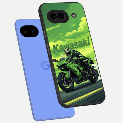  Green Kawasaki phone case for Google Pixel 10A showing premium glass back cover with detailed artwork