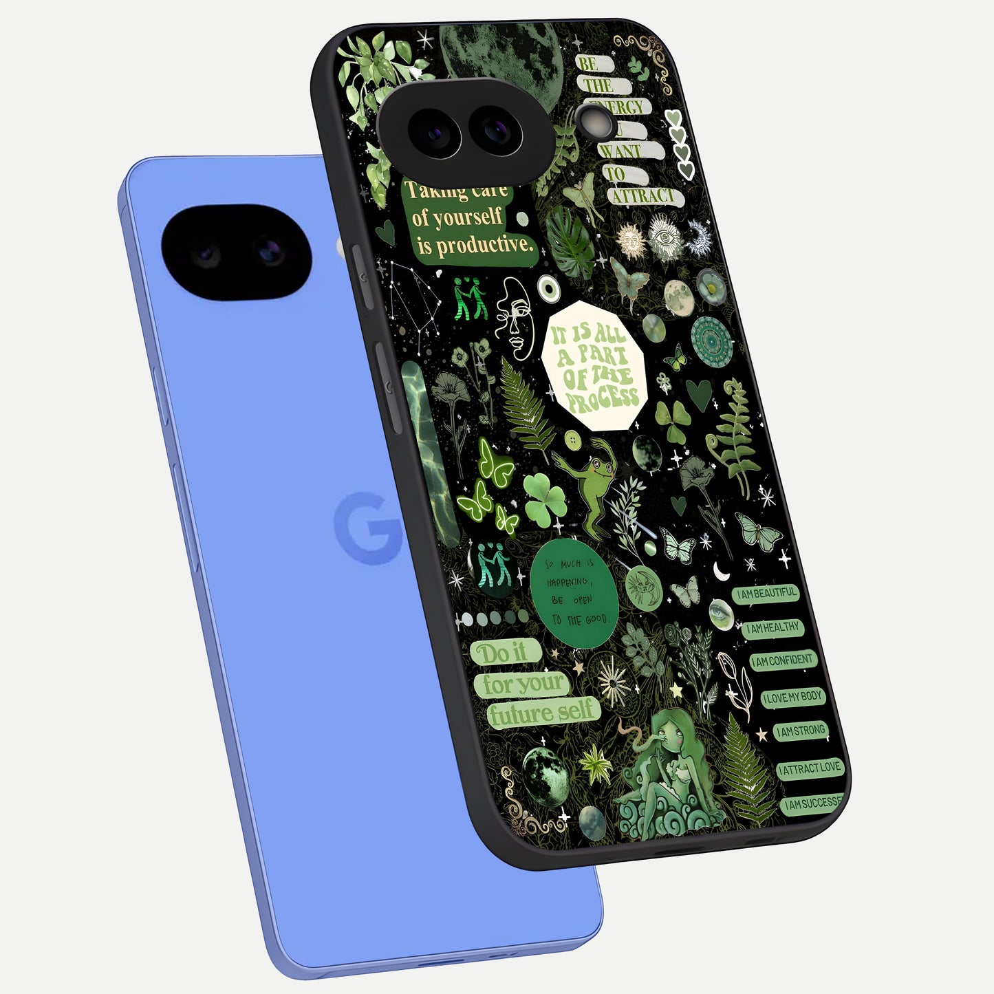  Green Moon Energy phone case for Google Pixel 10A showing premium glass back cover with detailed artwork