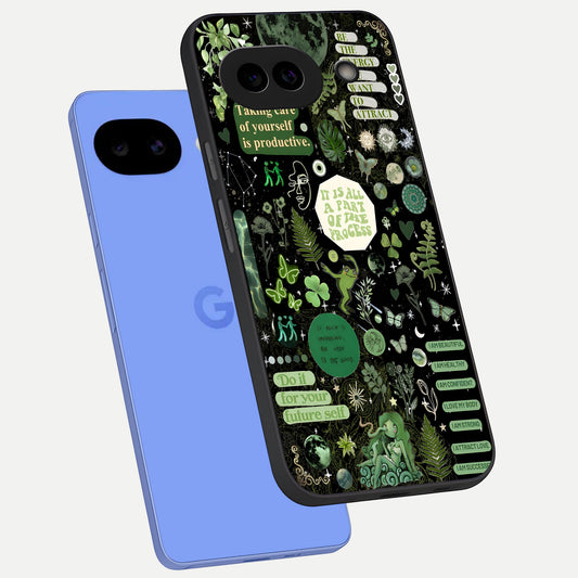  Green Moon Energy phone case for Google Pixel 10A showing premium glass back cover with detailed artwork