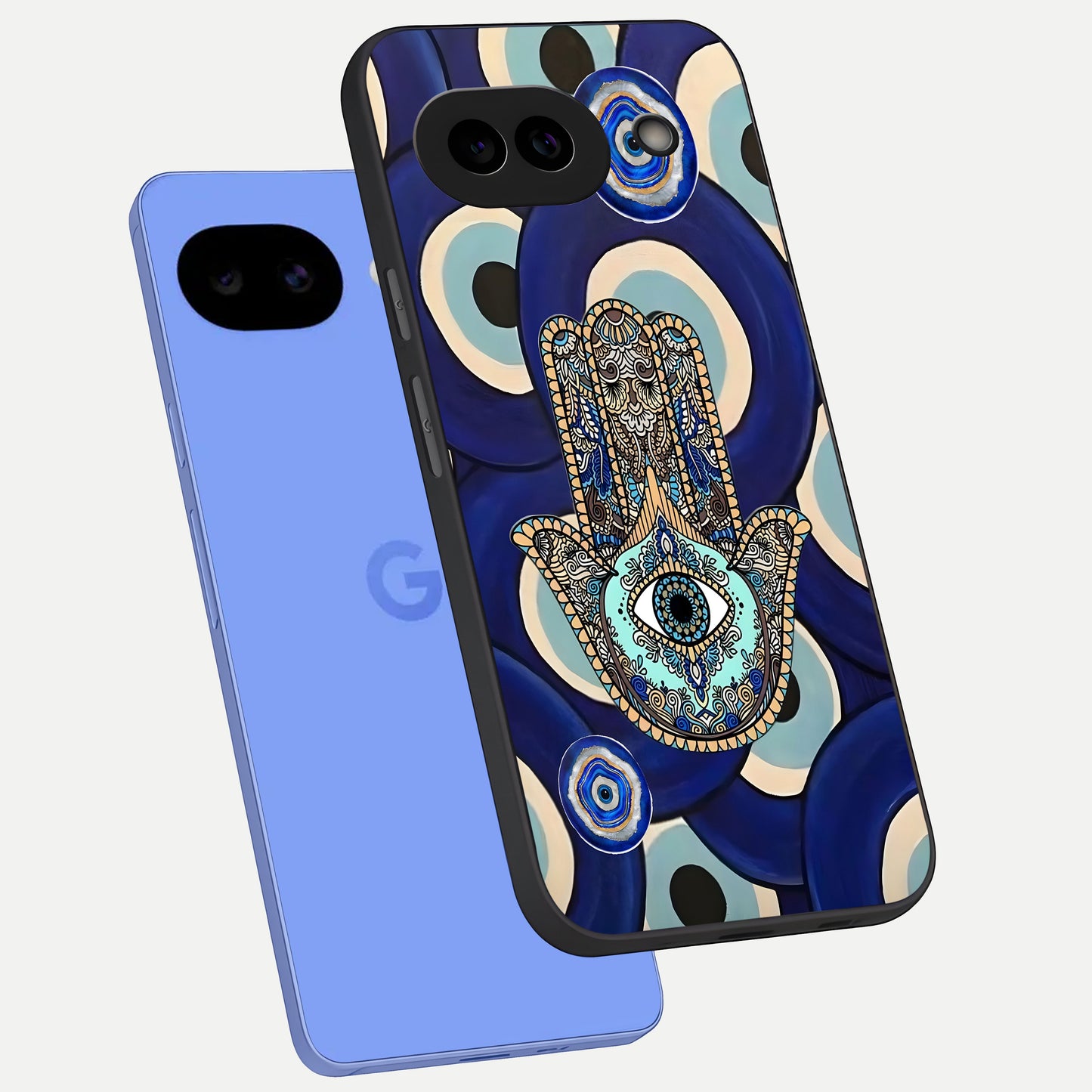  Hamsa Divine Guard phone case for Google Pixel 10A showing premium glass back cover with detailed artwork