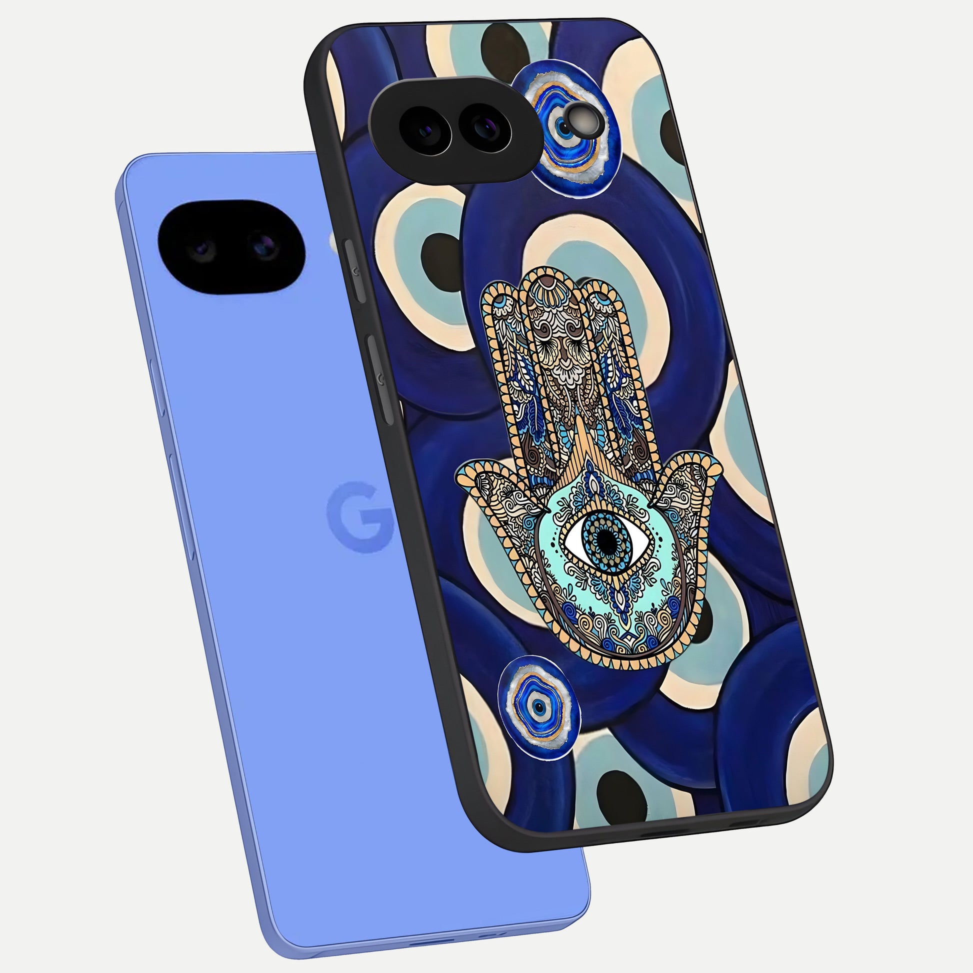  Hamsa Divine Guard phone case for Google Pixel 10A showing premium glass back cover with detailed artwork