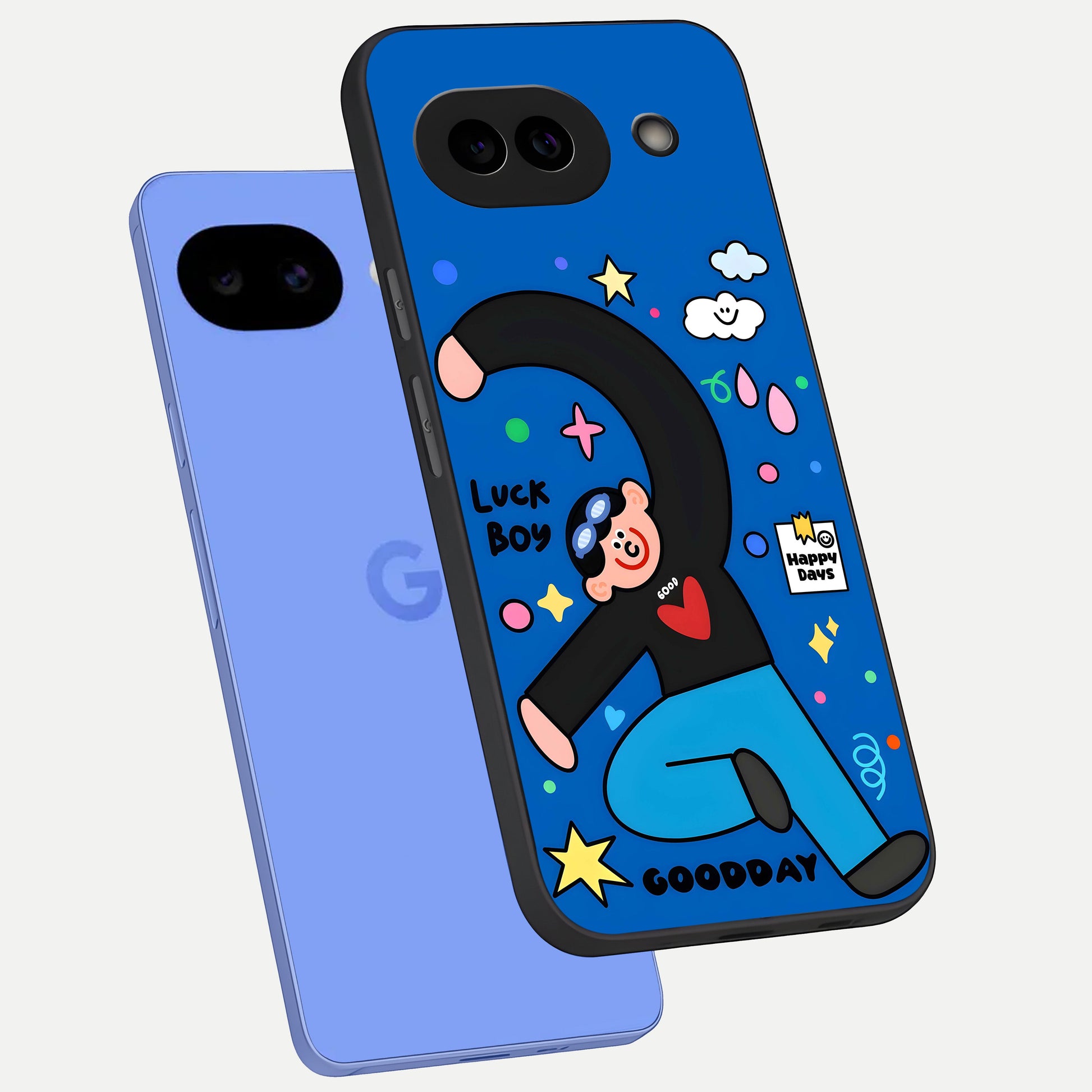  Happy Luck Vibe phone case for Google Pixel 10A showing premium glass back cover with detailed artwork