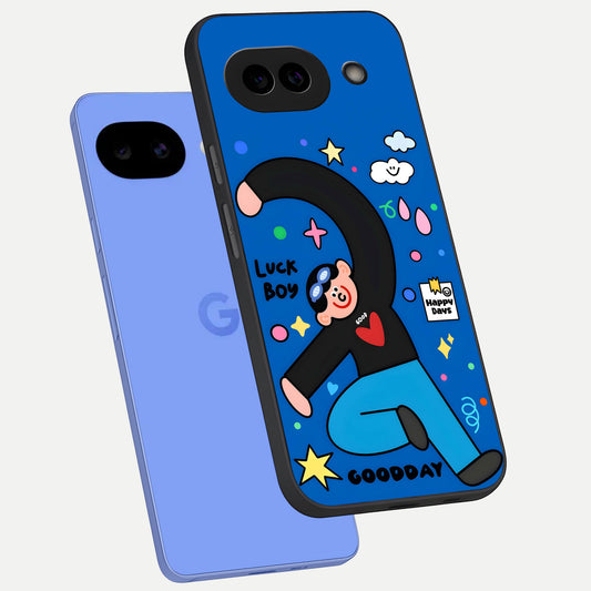  Happy Luck Vibe phone case for Google Pixel 10A showing premium glass back cover with detailed artwork