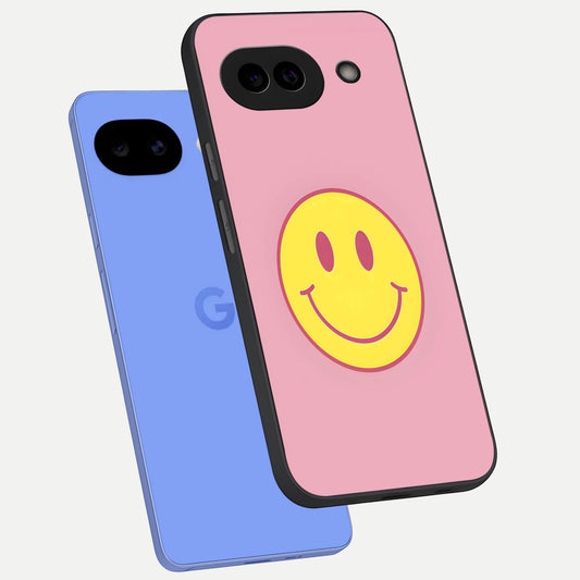  Happy Pink Mood phone case for Google Pixel 10A showing premium glass back cover with detailed artwork