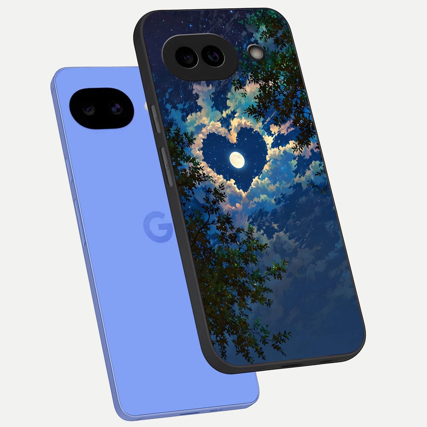  Heart With Moon Sky phone case for Google Pixel 10A showing premium glass back cover with detailed artwork