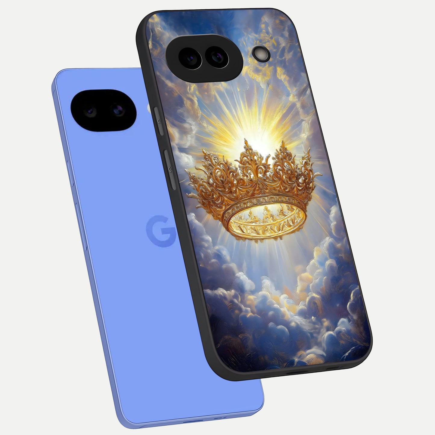  Heavenly Crown Light phone case for Google Pixel 10A showing premium glass back cover with detailed artwork