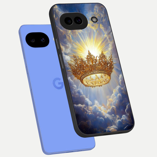  Heavenly Crown Light phone case for Google Pixel 10A showing premium glass back cover with detailed artwork