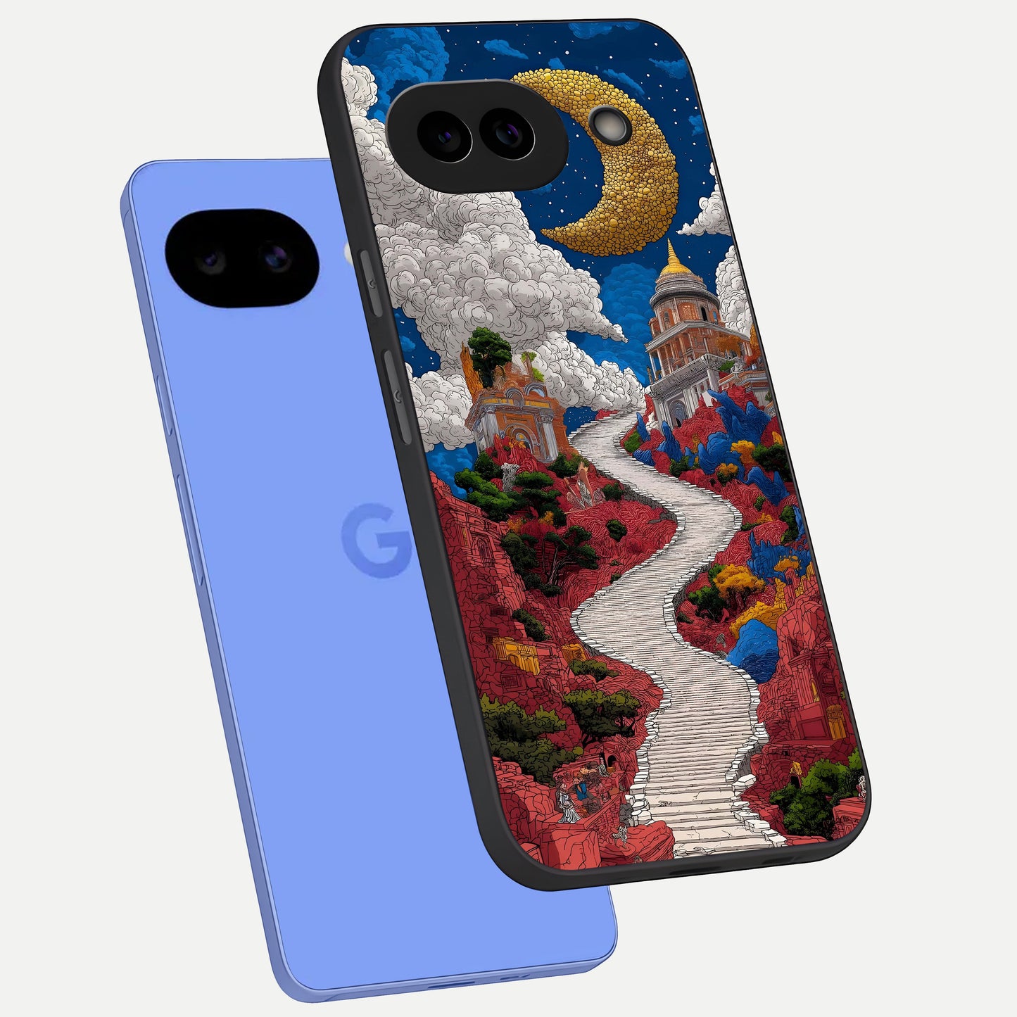  Heavenly Moon Path phone case for Google Pixel 10A showing premium glass back cover with detailed artwork