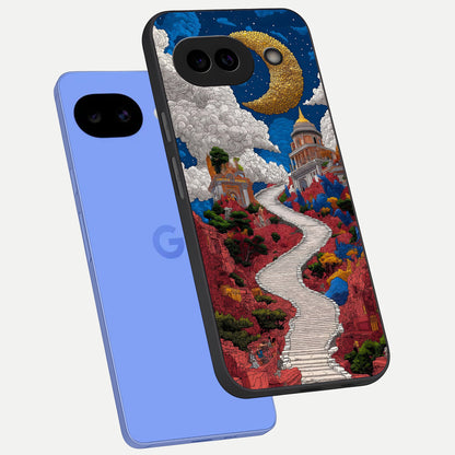  Heavenly Moon Path phone case for Google Pixel 10A showing premium glass back cover with detailed artwork