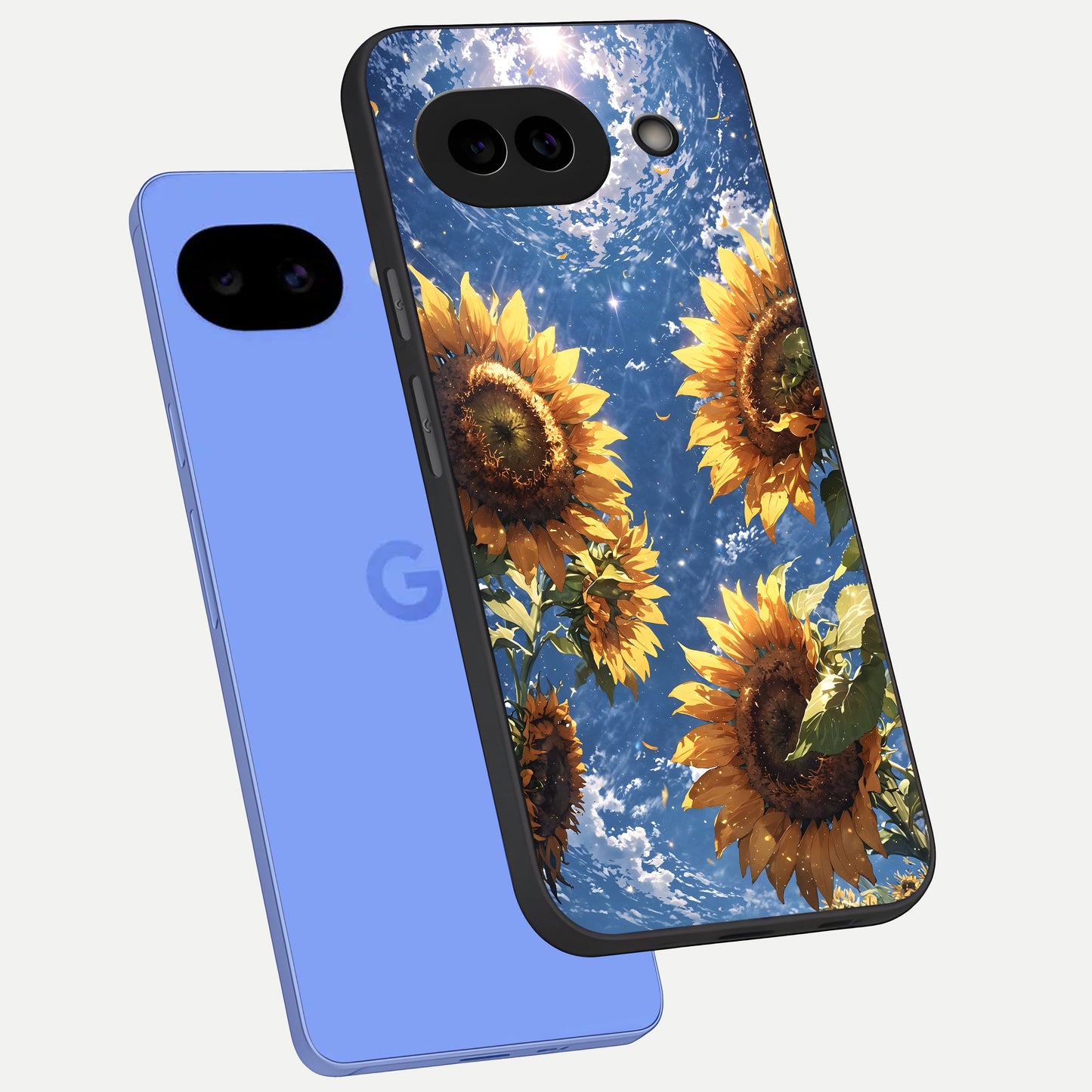  Heavenly Sunflower Rise phone case for Google Pixel 10A showing premium glass back cover with detailed artwork