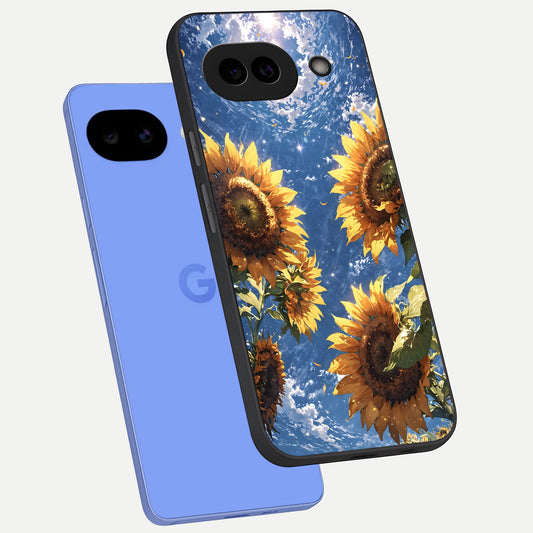  Heavenly Sunflower Rise phone case for Google Pixel 10A showing premium glass back cover with detailed artwork