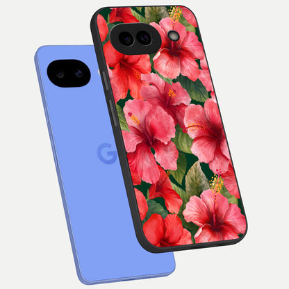  Hibiscus Pattern phone case for Google Pixel 10A showing premium glass back cover with detailed artwork