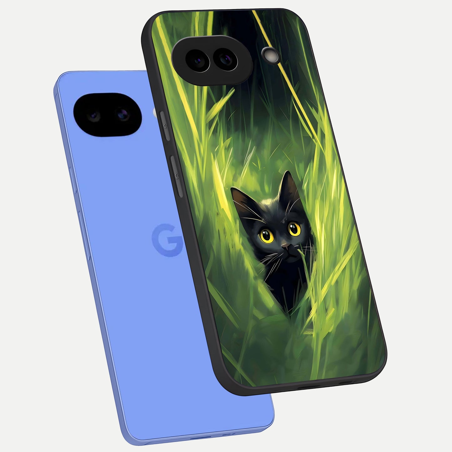  Hidden Cat Whisper phone case for Google Pixel 10A showing premium glass back cover with detailed artwork