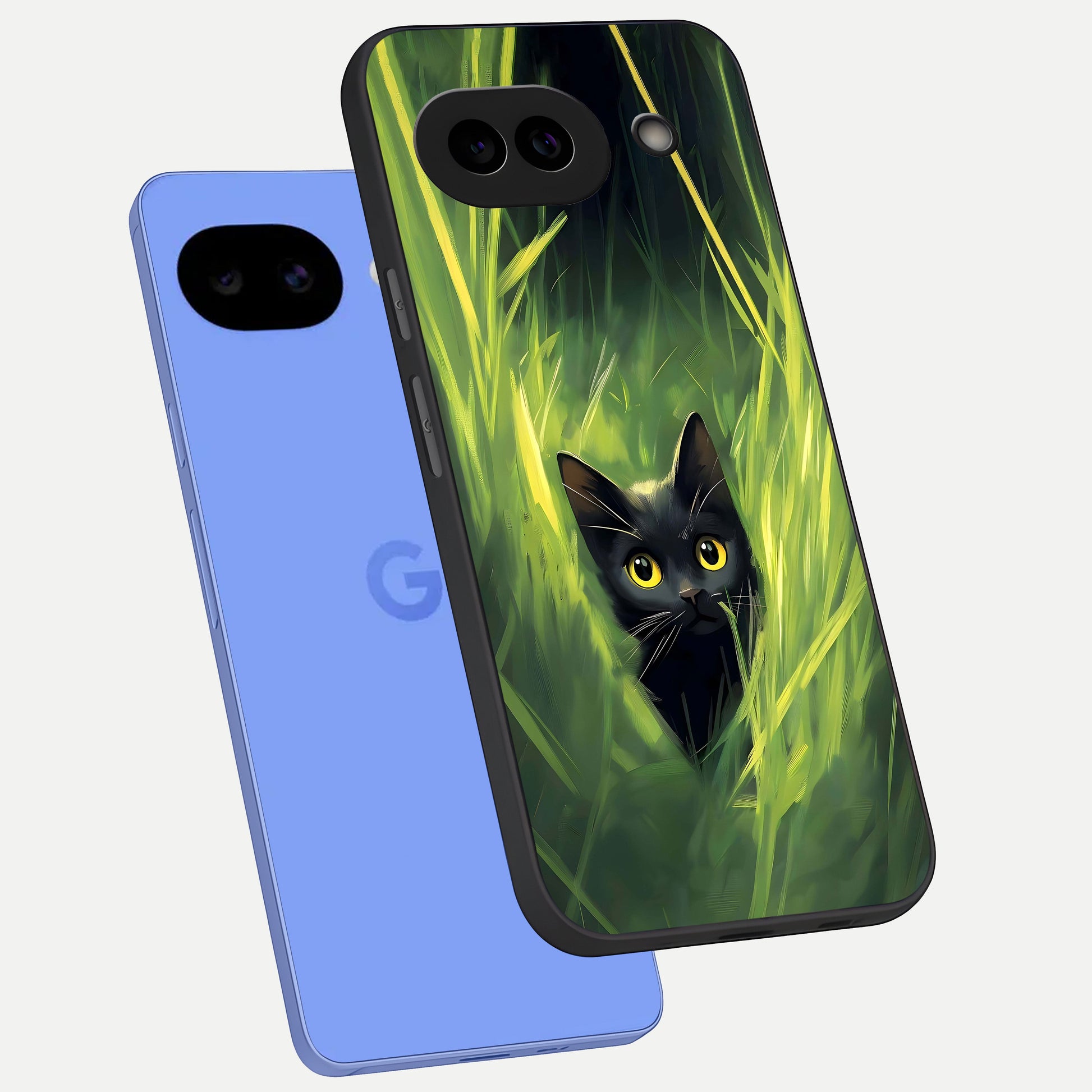  Hidden Cat Whisper phone case for Google Pixel 10A showing premium glass back cover with detailed artwork