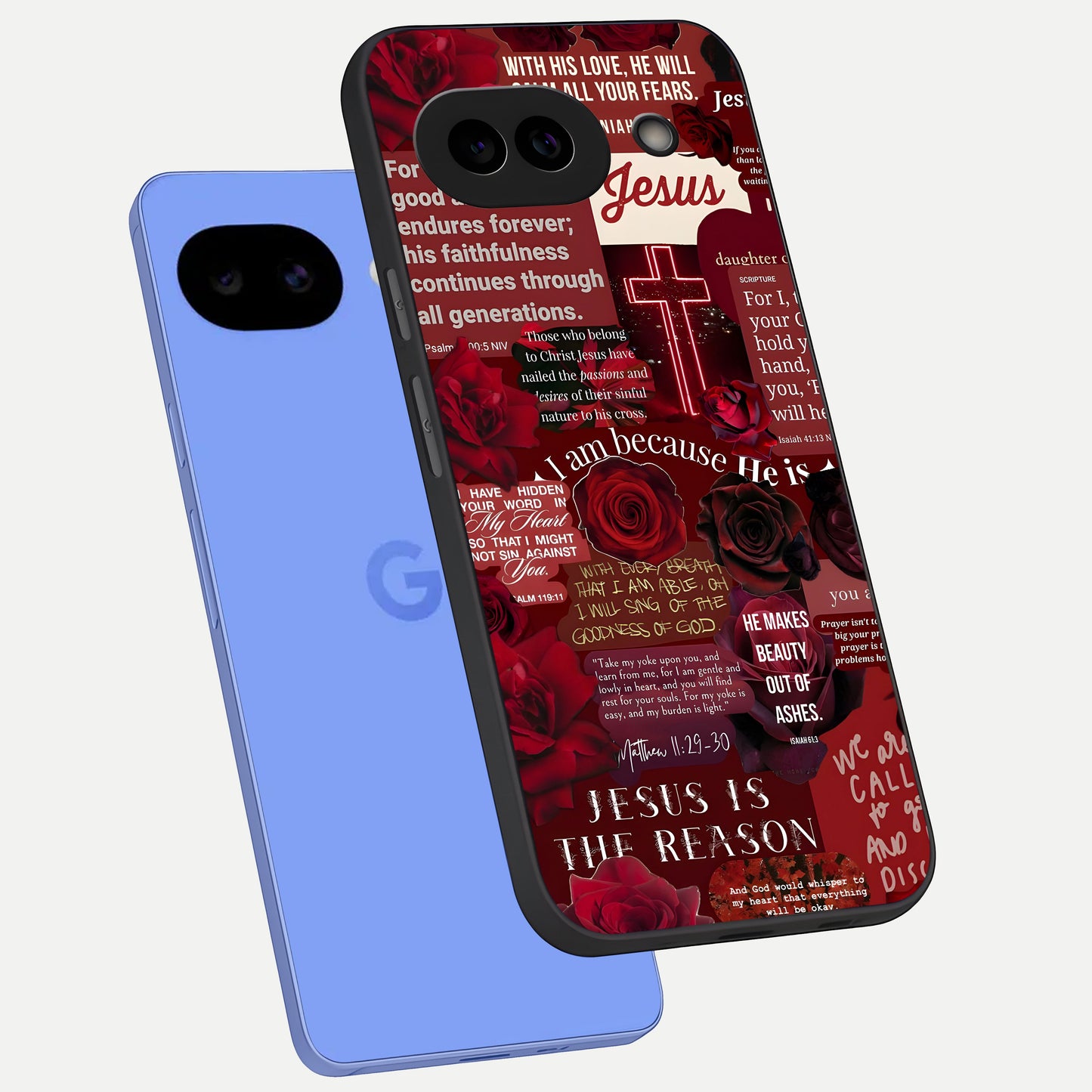  Jesus Love Heals phone case for Google Pixel 10A showing premium glass back cover with detailed artwork