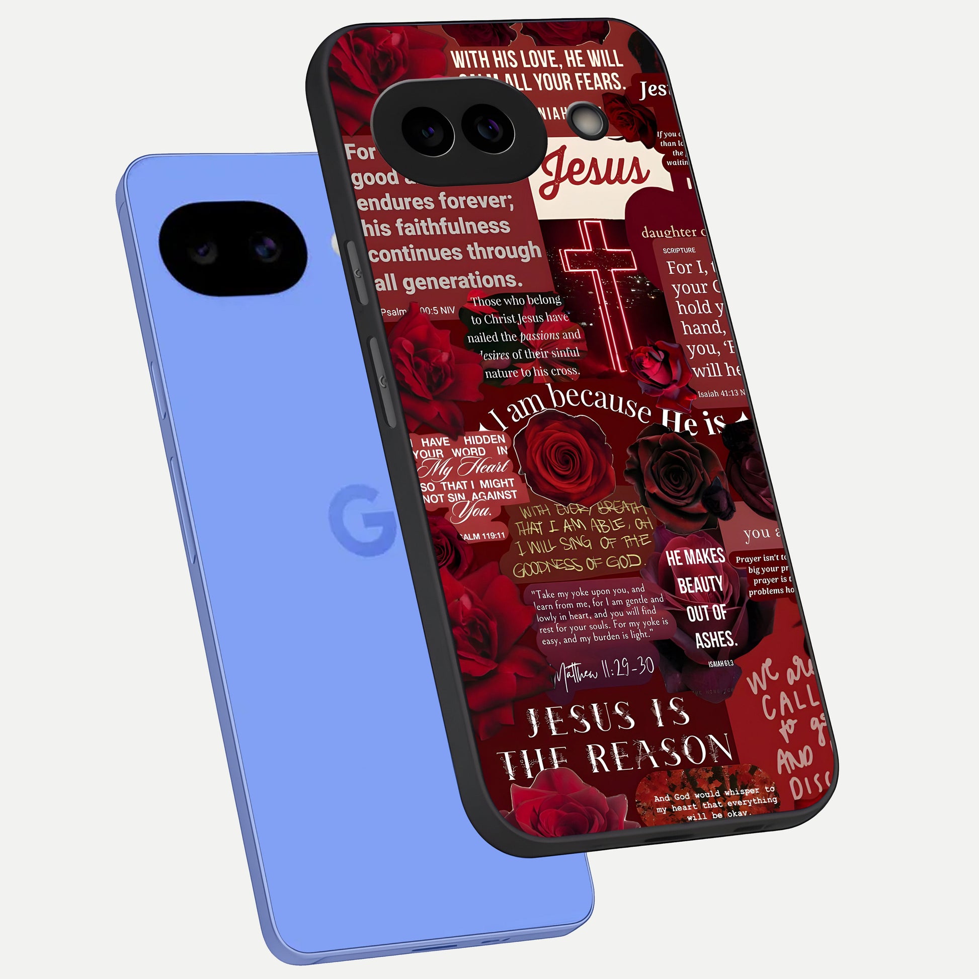  Jesus Love Heals phone case for Google Pixel 10A showing premium glass back cover with detailed artwork