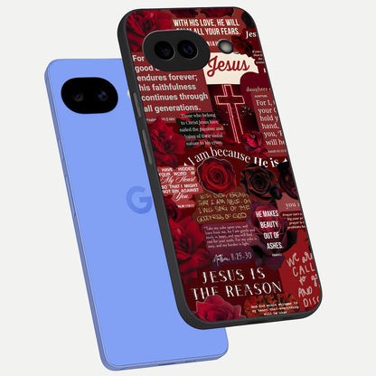  Jesus Love Heals phone case for Google Pixel 10A showing premium glass back cover with detailed artwork