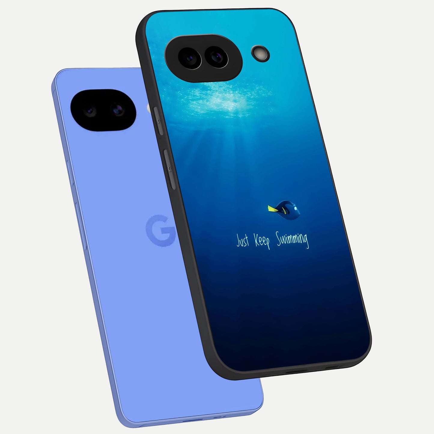  Just Keep Swimming phone case for Google Pixel 10A showing premium glass back cover with detailed artwork