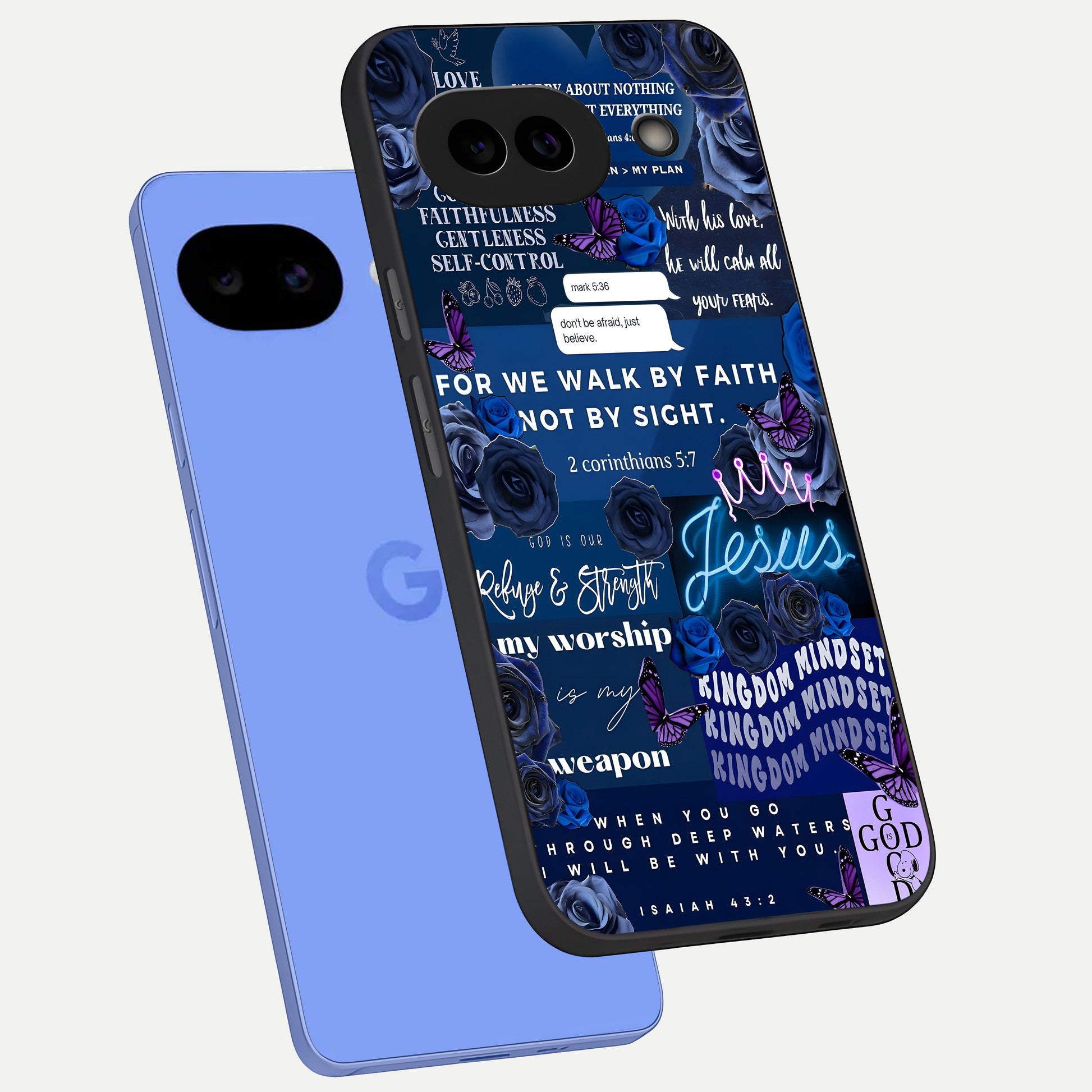  Kingdom Faith Glow phone case for Google Pixel 10A showing premium glass back cover with detailed artwork