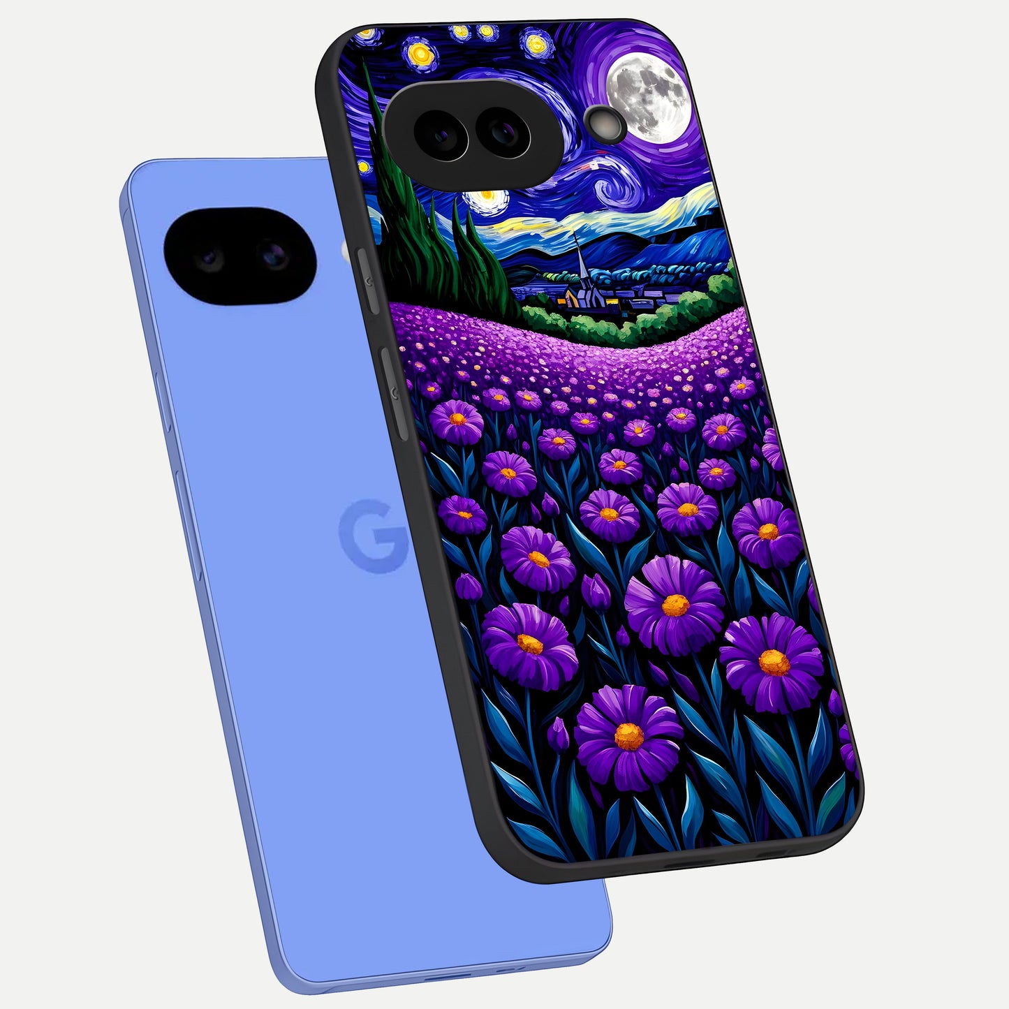  Lavender Moon Field phone case for Google Pixel 10A showing premium glass back cover with detailed artwork