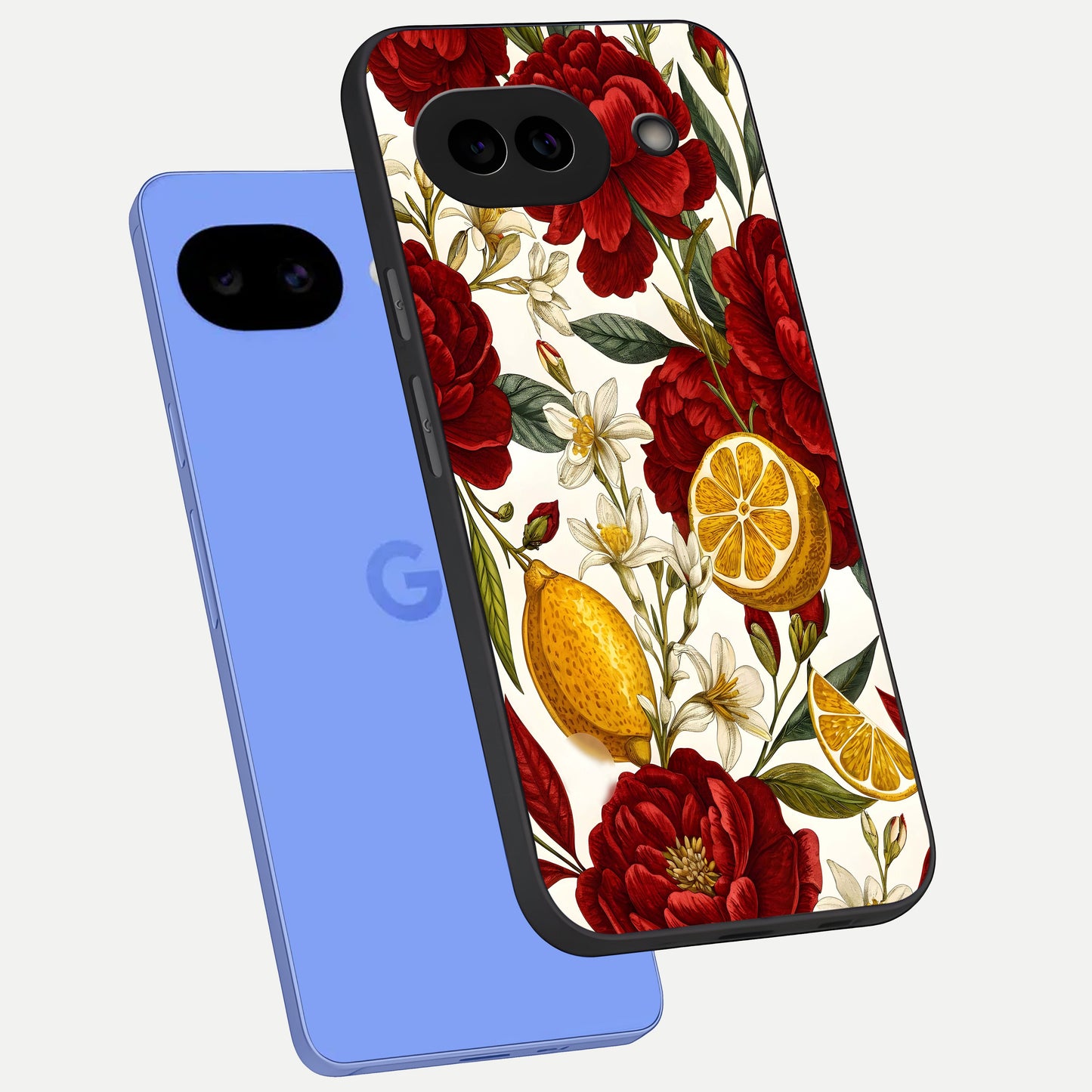  Lemon Rose Charm phone case for Google Pixel 10A showing premium glass back cover with detailed artwork