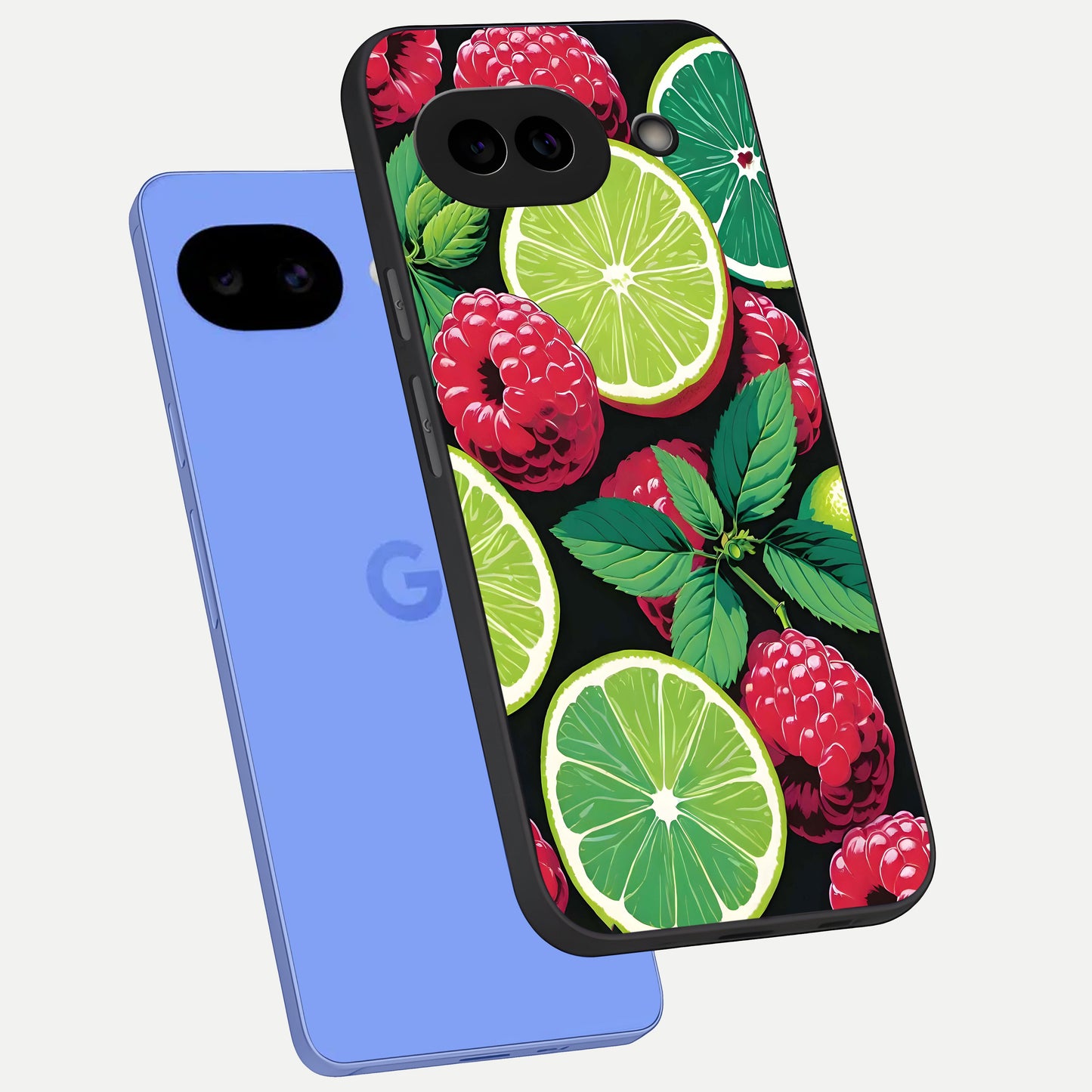  Lime and Raspberry Pattern phone case for Google Pixel 10A showing premium glass back cover with detailed artwork