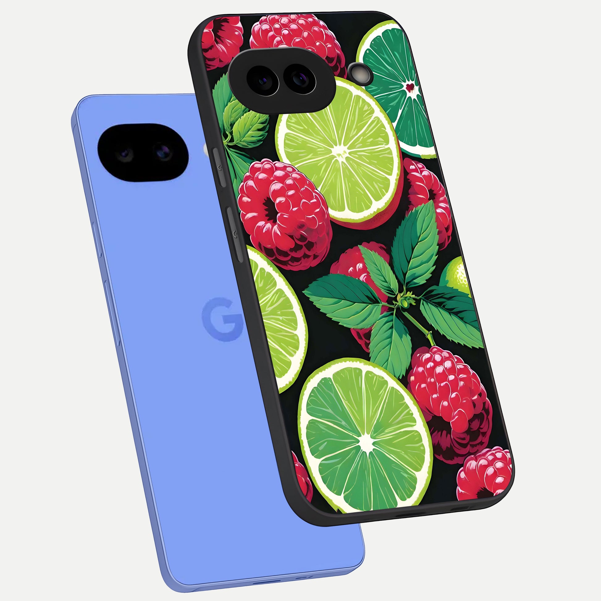  Lime and Raspberry Pattern phone case for Google Pixel 10A showing premium glass back cover with detailed artwork