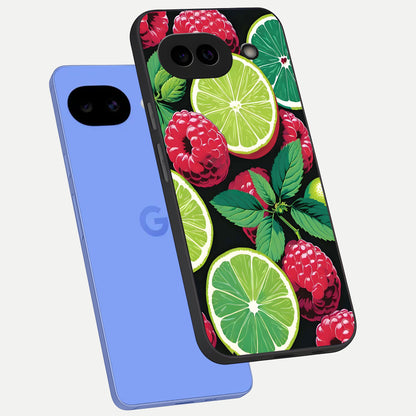  Lime and Raspberry Pattern phone case for Google Pixel 10A showing premium glass back cover with detailed artwork