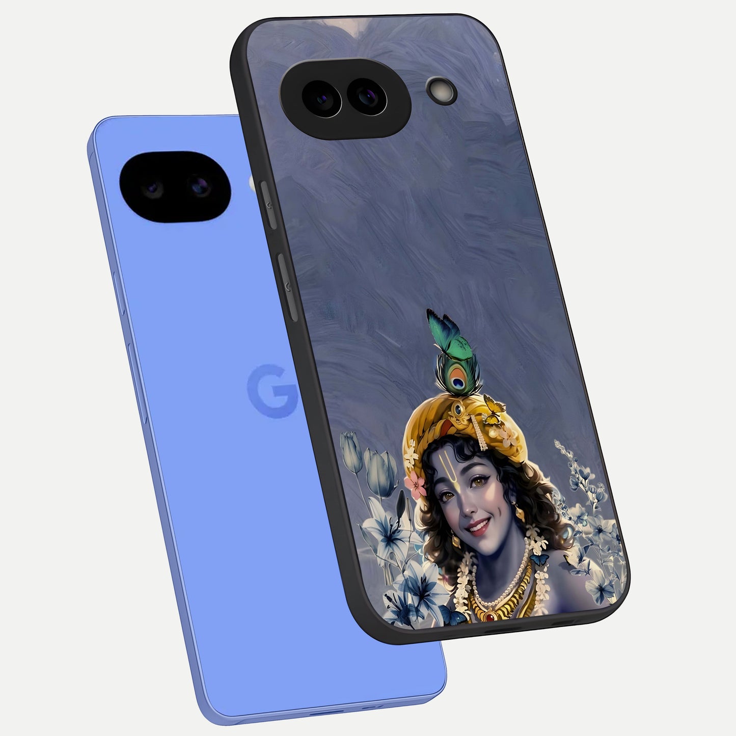  Lord Krishna phone case for Google Pixel 10A showing premium glass back cover with detailed artwork