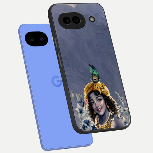  Lord Krishna phone case for Google Pixel 10A showing premium glass back cover with detailed artwork
