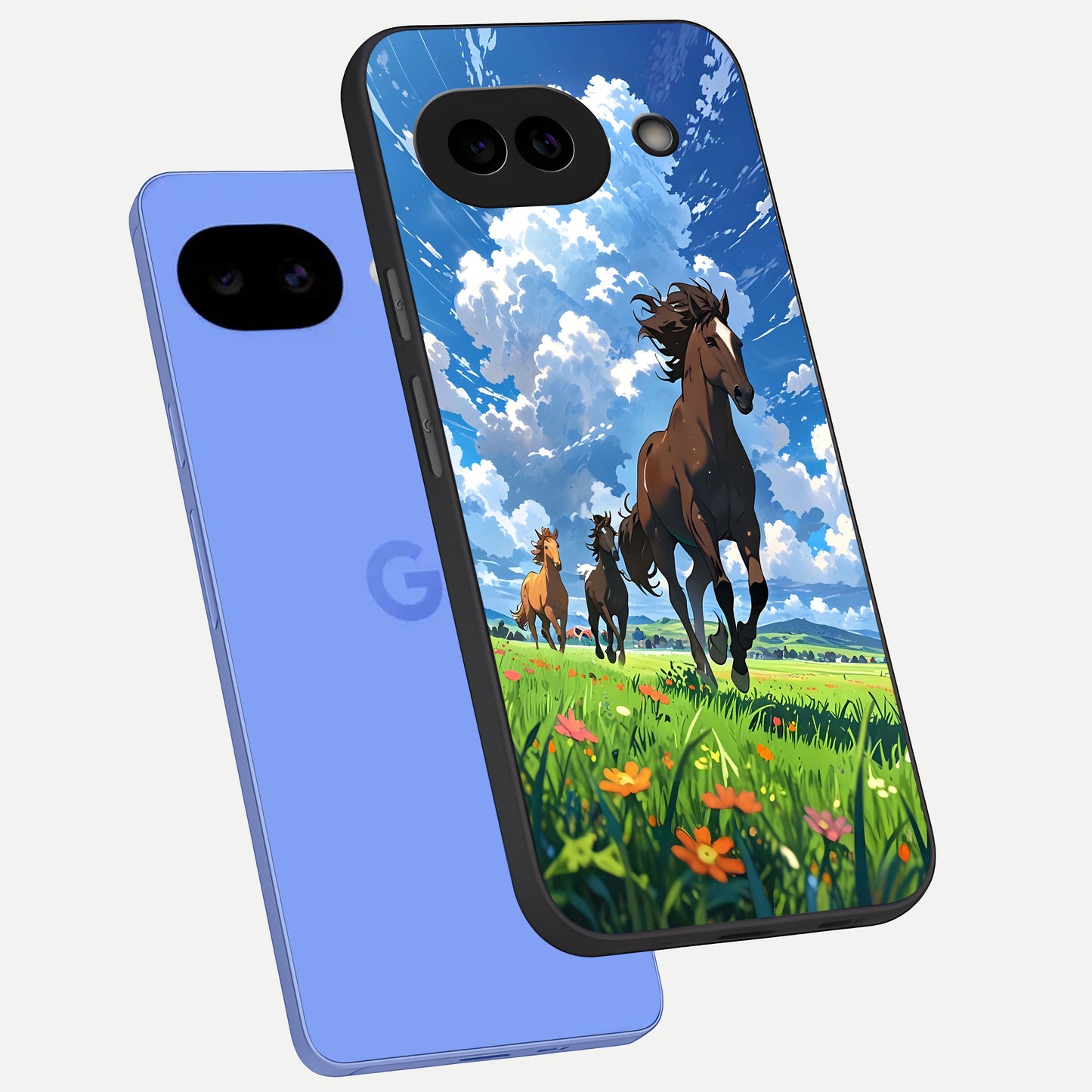  Majestic Horses Galloping phone case for Google Pixel 10A showing premium glass back cover with detailed artwork