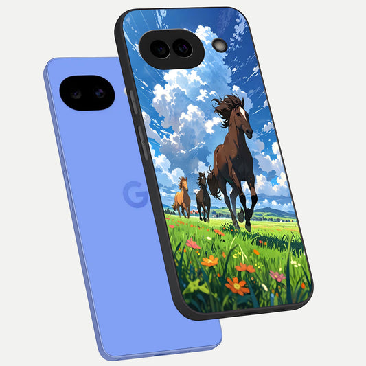  Majestic Horses Galloping phone case for Google Pixel 10A showing premium glass back cover with detailed artwork