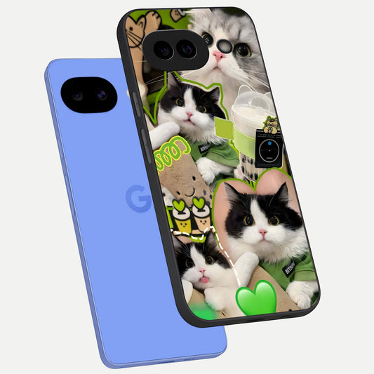  Matcha Cats Mood phone case for Google Pixel 10A showing premium glass back cover with detailed artwork