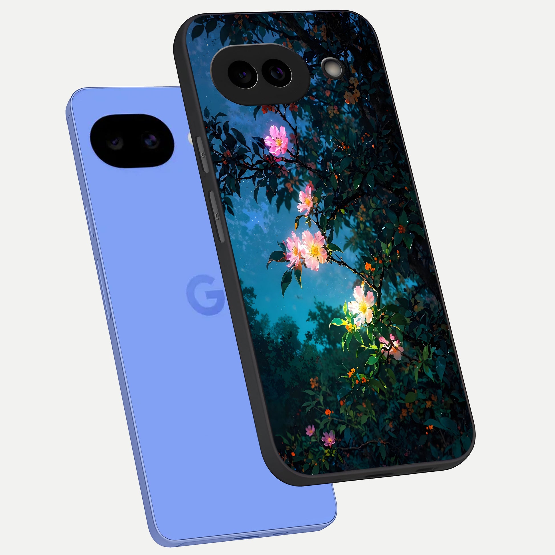  Midnight Bloom Glow phone case for Google Pixel 10A showing premium glass back cover with detailed artwork