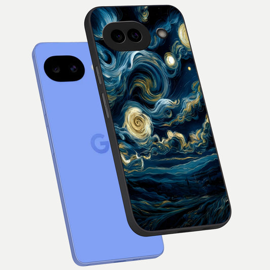  Midnight Sky Whirl phone case for Google Pixel 10A showing premium glass back cover with detailed artwork