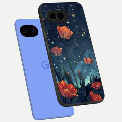  Midnight Tulip Glow phone case for Google Pixel 10A showing premium glass back cover with detailed artwork