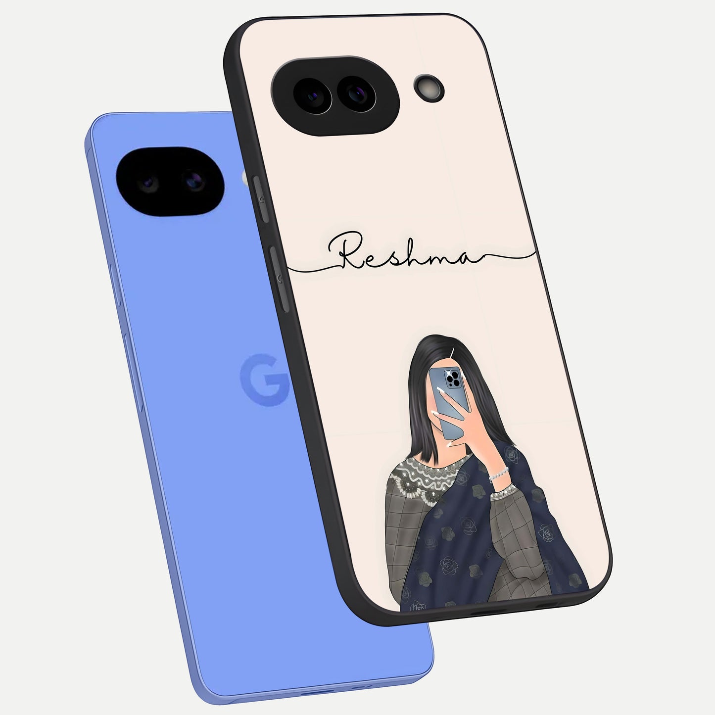  Mirror Mood Muse With Custom Name phone case for Google Pixel 10A showing premium glass back cover with detailed artwork