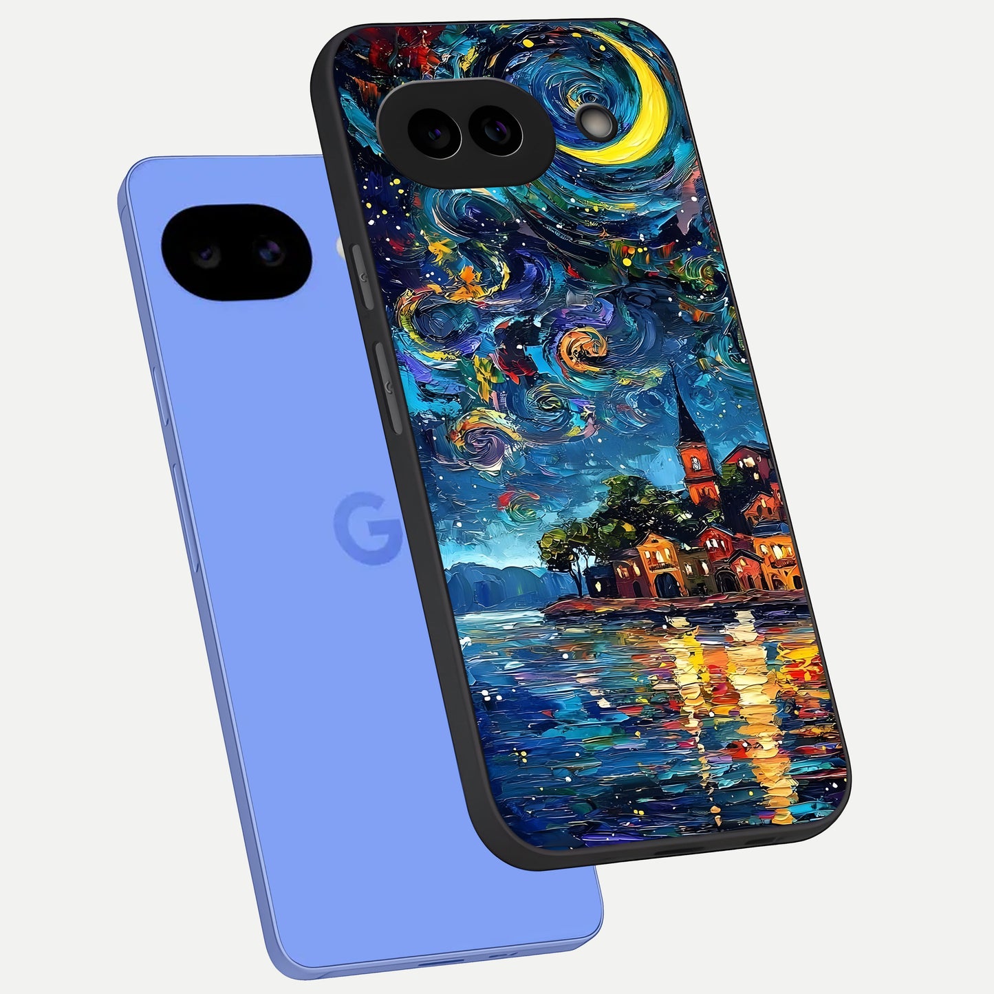  Moonlight Harbor Glow phone case for Google Pixel 10A showing premium glass back cover with detailed artwork