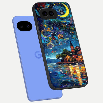  Moonlight Harbor Glow phone case for Google Pixel 10A showing premium glass back cover with detailed artwork