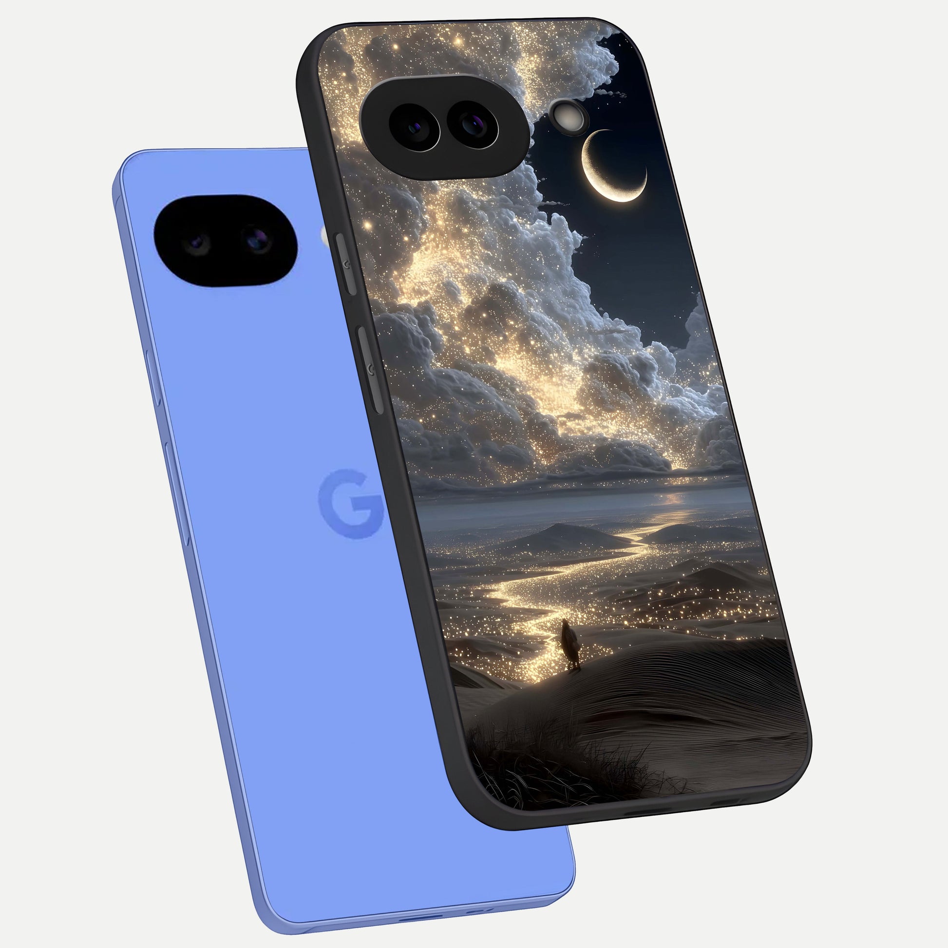  Moonlight Spark Path phone case for Google Pixel 10A showing premium glass back cover with detailed artwork