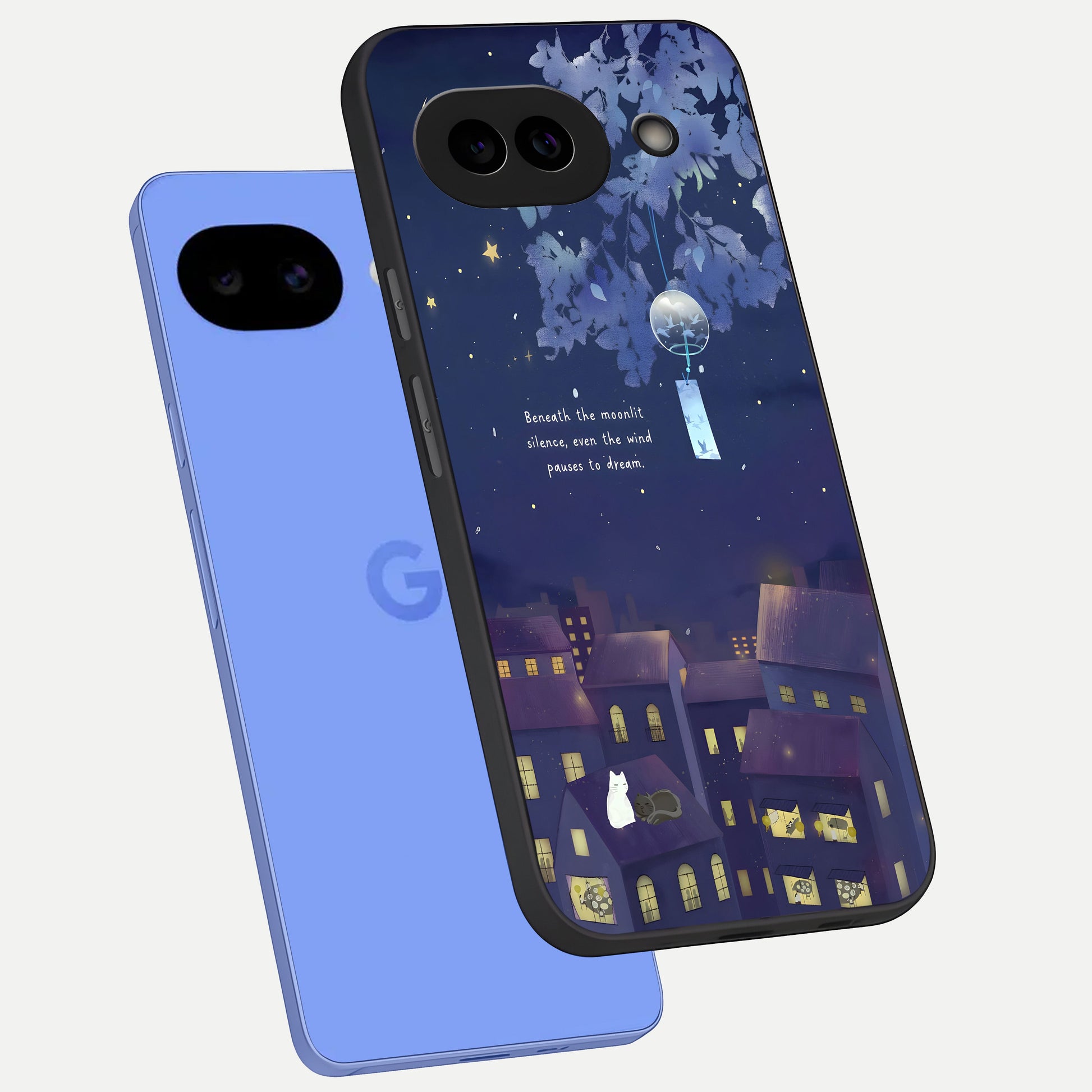 Moonlit Cat Silence phone case for Google Pixel 10A showing premium glass back cover with detailed artwork