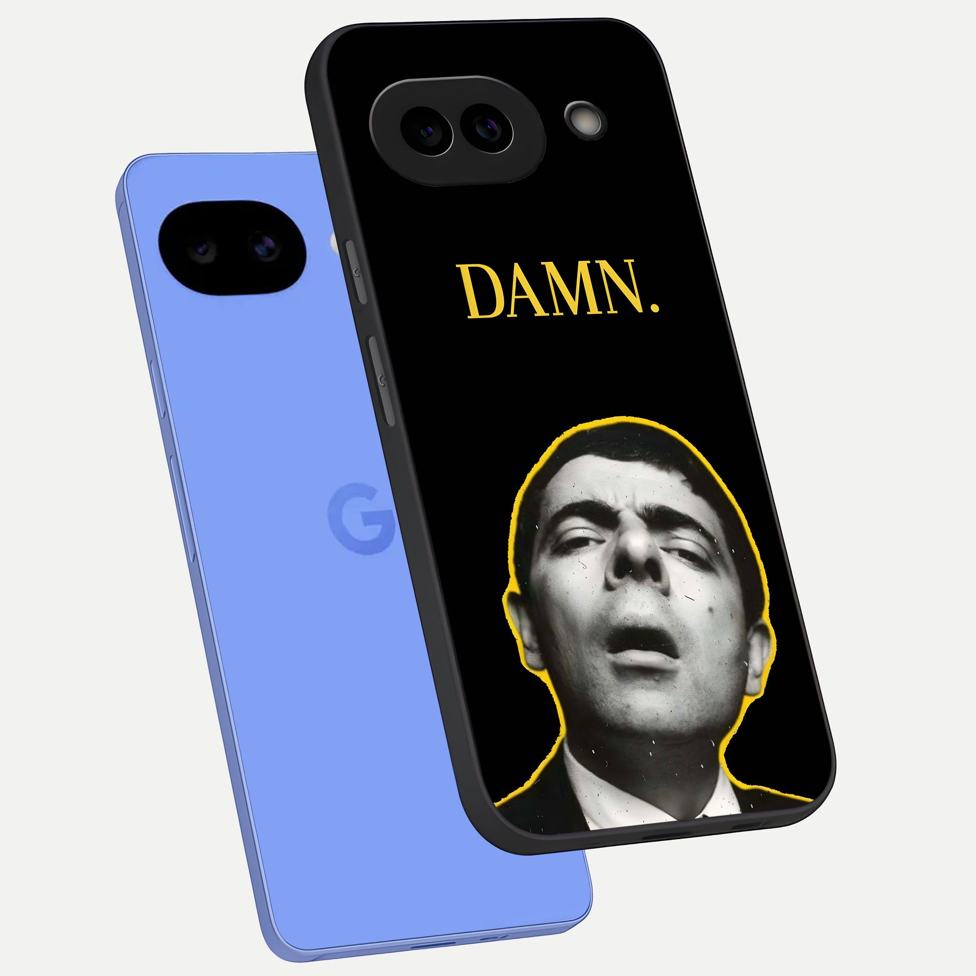  Mr Bean Damn phone case for Google Pixel 10A showing premium glass back cover with detailed artwork