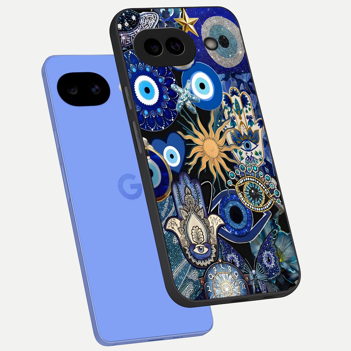  Mystic Blue Evil Eye phone case for Google Pixel 10A showing premium glass back cover with detailed artwork